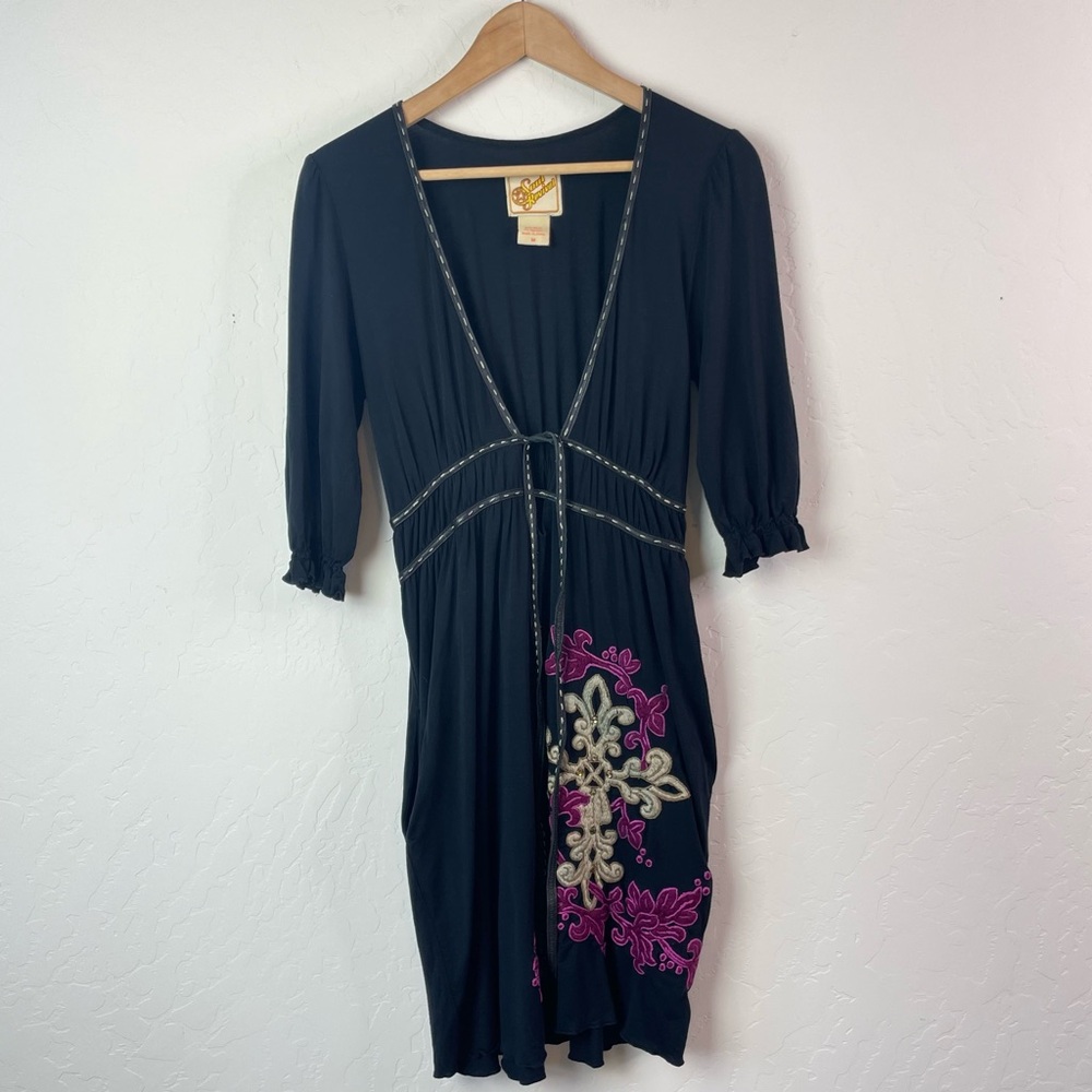 Soul Revival Y2K Embroidered Cross Leather Tie Waist VNeck Babydoll Dress Medium